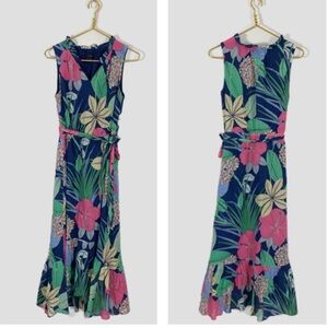Talbots 6 Navy Floral Hibiscus Floral Ruffle Belted Tie Waist Midi‎ Dress